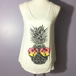 NWT Colorful Pineapple W/ Sunglasses Graphic White Tank Top Womens Size Small
